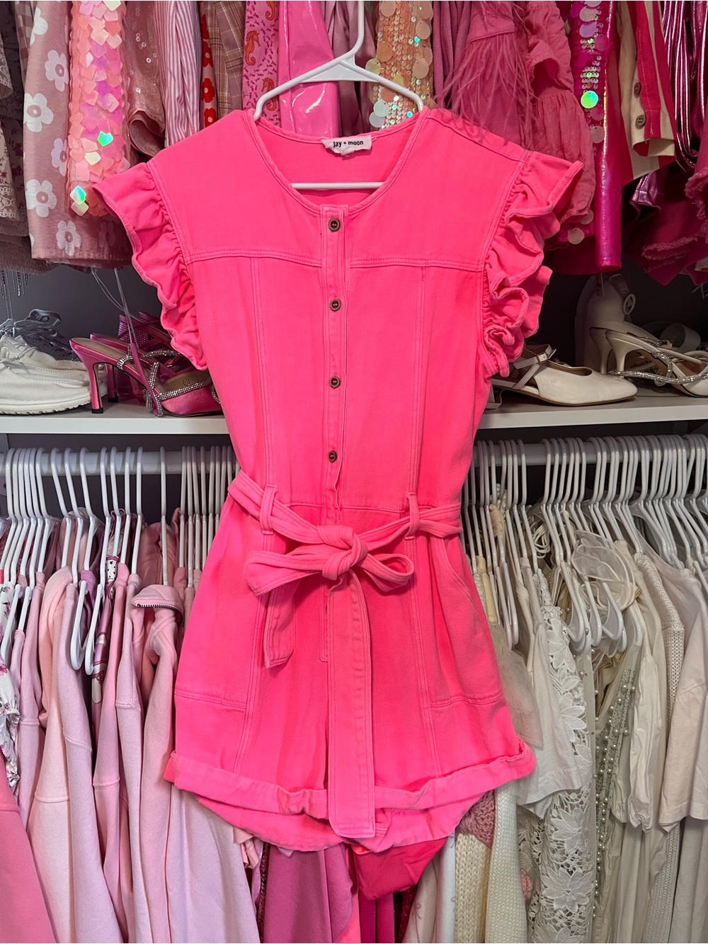Hot Pink Denim Ruffle Sleeve Romper with Tie Waist